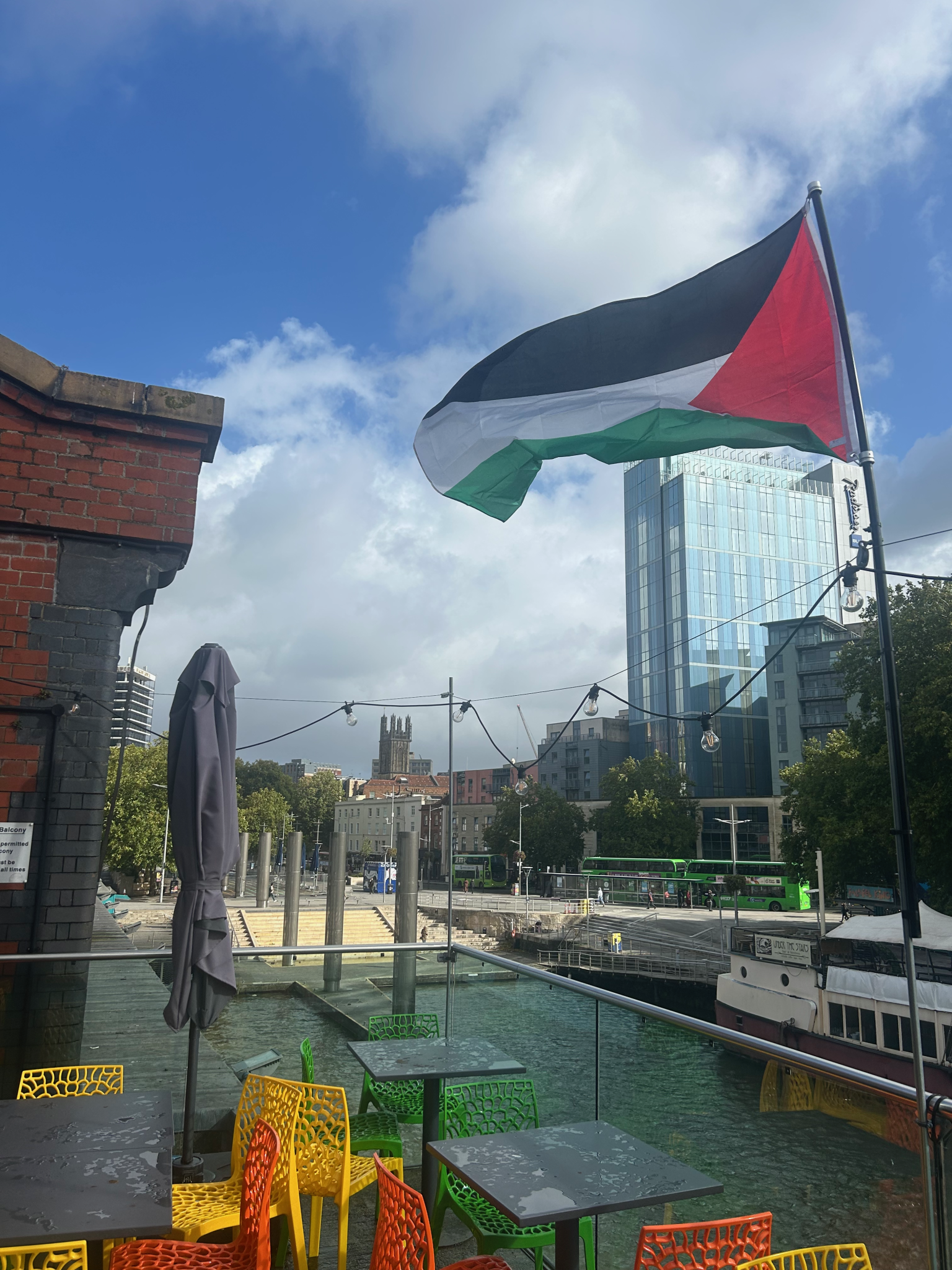The Palestine flag is now flying from the balcony of Watershed – photo: Watershed